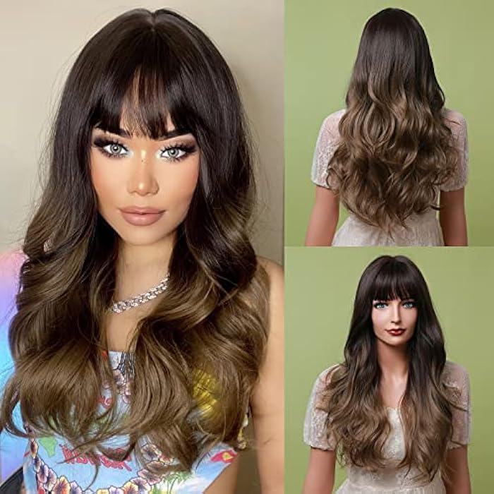 DILLARDS Emmor Dark Brown Wigs To Light Brown Wigs Long Wave Wig With Bangs Curly Wigs For Women Heat Resistant Synthetic Wigs Natural Looking - Image 4